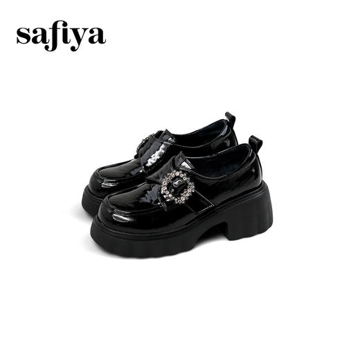预售|Safiya/索菲娅2025英伦风钻扣魔术贴粗跟百搭厚底增高小皮鞋SFD3112135 商品图9