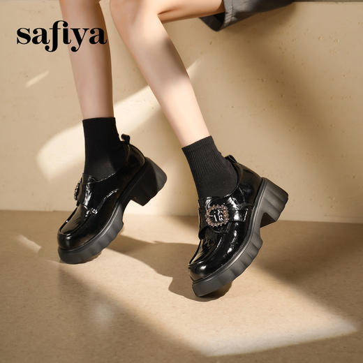 预售|Safiya/索菲娅2025英伦风钻扣魔术贴粗跟百搭厚底增高小皮鞋SFD3112135 商品图1
