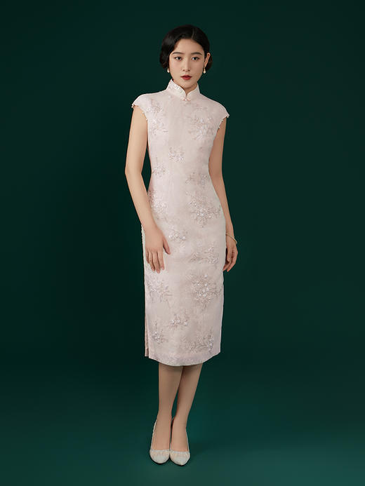 荷言GL 初荷 粉色雪纺钉珠亮片旗袍夏季新款双色玫瑰花扣 商品图1