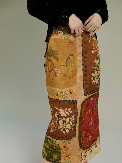 荷言GL 砚秋 复古丝毛印花半裙百搭拼布风柔爽舒适 商品图3