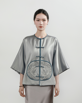 下架|东方境X郭培| 玫瑰刺绣新中式棉袄-蓝色