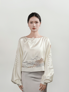 下架|东方境X郭培| 真丝亭台楼阁刺绣短上衣-白色