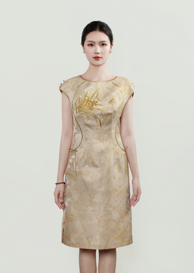 下架|东方境X郭培| 金色兰花刺绣提花旗袍-香槟金