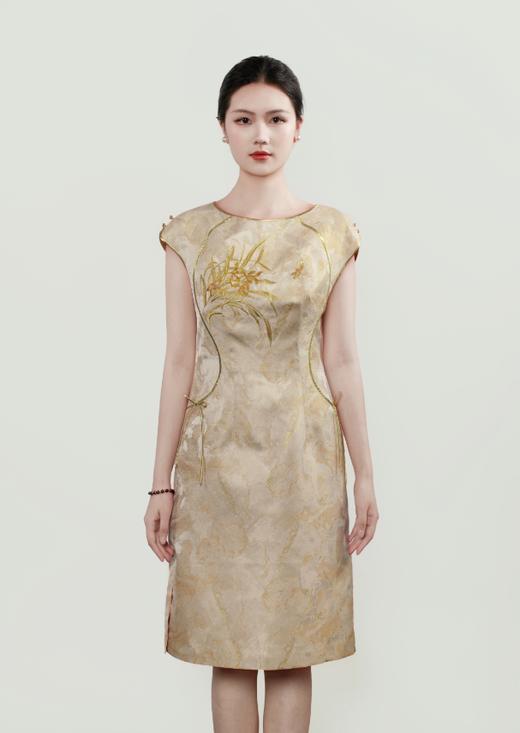 下架|东方境X郭培| 金色兰花刺绣提花旗袍-香槟金 商品图0