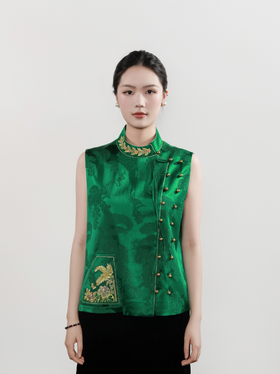 东方境X郭培| 新中式轻奢重工刺绣双排扣马甲-绿色