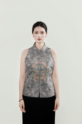 下架|东方境X郭培| 新中式立领提花刺绣挖肩款马甲-灰色