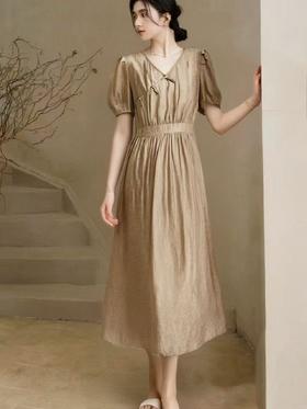 418良粉节|2026 活动爆款【自营】【必入推荐】 80%天丝【MYBL】8630天丝提花新中式束腰V领盘扣长款连衣裙-喜出