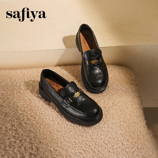 Safiya/索菲娅2025复古秋叶扣增高不累脚百搭粗跟英伦乐福鞋SFD3112114 商品图1