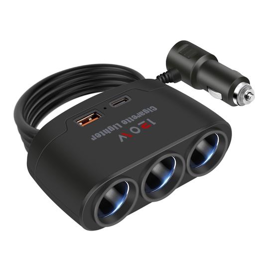 严选【多功能车充黑色】车载一拖三点烟器pd快充usb+typec汽车智能充电器-1个 商品图1