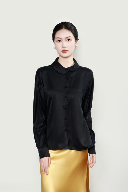 盛唐婧| 新中式花苞领钉珠盘扣百搭衬衫-黑色 商品图1