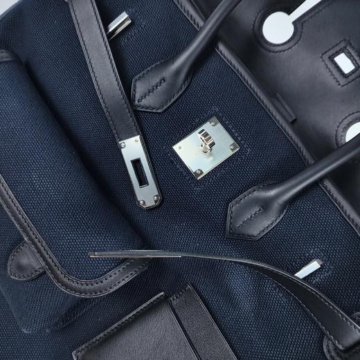 HERMES爱马仕 Birkin 银扣 Swift 皮革和帆布 铂金包手提包 男女同款情侣款 黑色拼蓝色 Z刻 商品图4