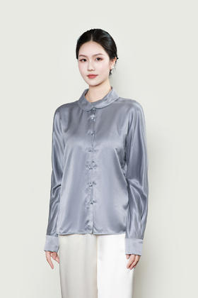 下架|盛唐婧| 新中式花苞领钉珠盘扣百搭衬衫-鸠灰蓝