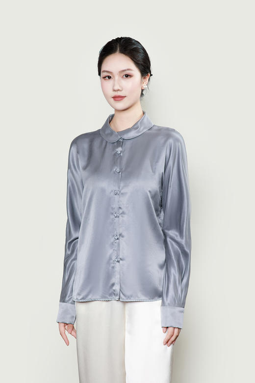 下架|盛唐婧| 新中式花苞领钉珠盘扣百搭衬衫-鸠灰蓝 商品图0