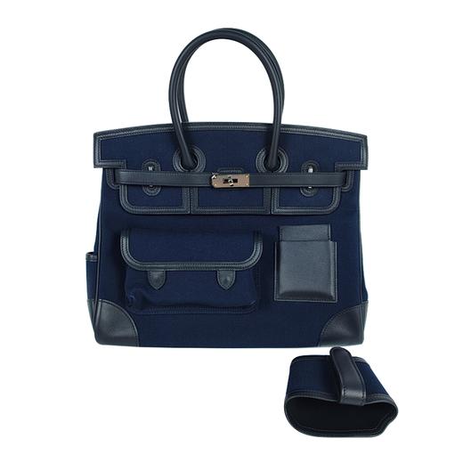 HERMES爱马仕 Birkin 银扣 Swift 皮革和帆布 铂金包手提包 男女同款情侣款 黑色拼蓝色 Z刻 商品图0