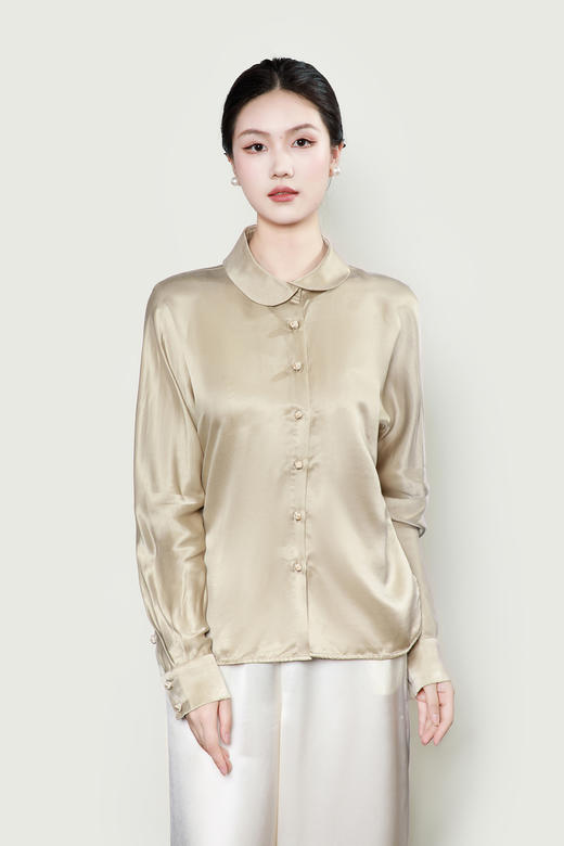 盛唐婧| 新中式花苞领钉珠盘扣百搭衬衫-香槟黄 商品图6