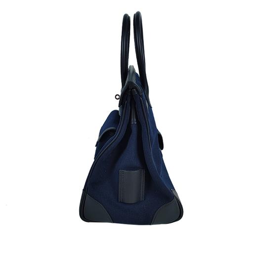 HERMES爱马仕 Birkin 银扣 Swift 皮革和帆布 铂金包手提包 男女同款情侣款 黑色拼蓝色 Z刻 商品图2