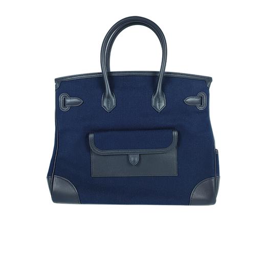 HERMES爱马仕 Birkin 银扣 Swift 皮革和帆布 铂金包手提包 男女同款情侣款 黑色拼蓝色 Z刻 商品图1