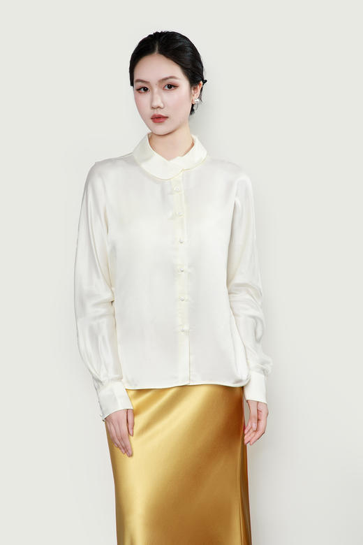 盛唐婧| 新中式花苞领钉珠盘扣百搭衬衫-白色 商品图0