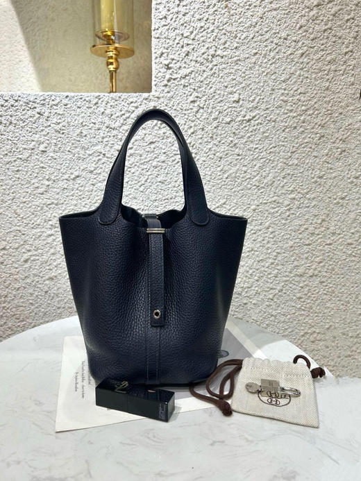 爱马仕 菜篮子18 Togo皮 午夜蓝拼色手柄 银扣 手提包 商品图0