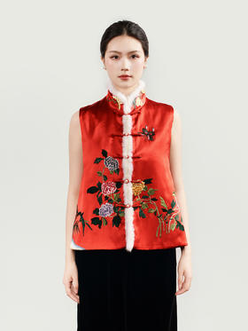 盛唐牡丹大师系列 | 重缎真丝手绣水貂毛棉马甲 (盛唐牡丹与非遗传承人王小潇联名系列)