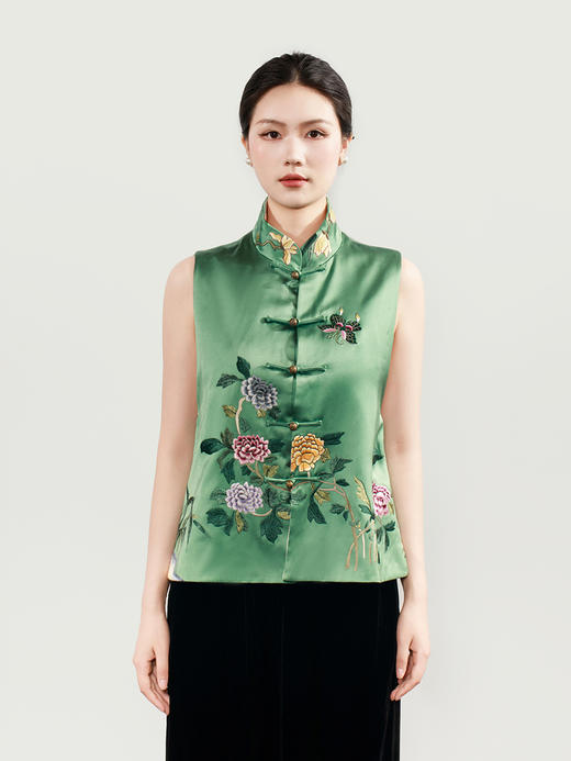 盛唐牡丹大师系列 | 重缎真丝手绣薄棉马甲(盛唐牡丹与非遗传承人王小潇联名系列) 商品图0