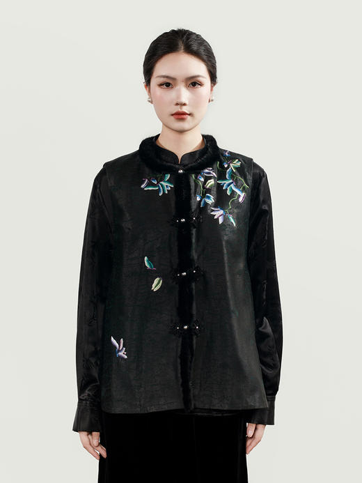盛唐牡丹大师系列 | 香云纱手绣水貂毛棉马甲 (盛唐牡丹与非遗传承人王小潇联名系列) 商品图0