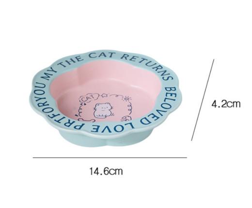 严选【陶瓷猫碗粉内蓝边花边碗】防打翻耐用猫咪宠物碗不黑下巴一冲即净猫粮碗餐食水碗1个 商品图1