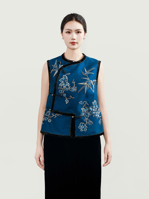 盛唐牡丹大师系列 | 真丝手绣打籽绣偏襟马甲 (盛唐牡丹与非遗传承人王小潇联名系列) 商品图0