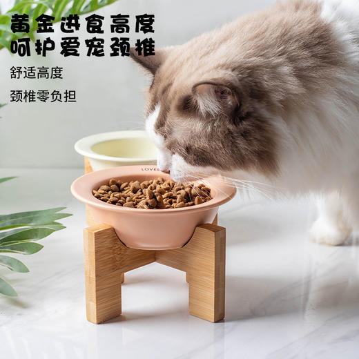 严选【黄色bd飞碟木架陶瓷猫碗】餐食碗宠物猫碗保护颈椎斜口猫饭碗宠物水碗狗狗碗1个 商品图1