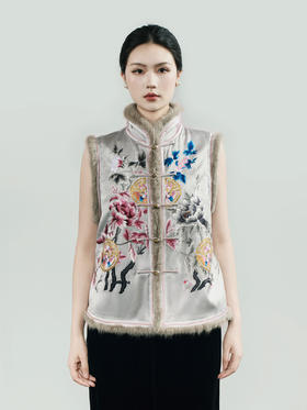 盛唐牡丹大师系列 | 富贵长寿貂毛手绣棉背心  (盛唐牡丹与非遗传承人王小潇联名系列)