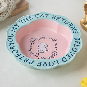 严选【陶瓷猫碗粉内蓝边花边碗】防打翻耐用猫咪宠物碗不黑下巴一冲即净猫粮碗餐食水碗1个