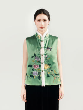 盛唐牡丹大师系列 | 重缎真丝手绣水貂毛棉马甲 (盛唐牡丹与非遗传承人王小潇联名系列)