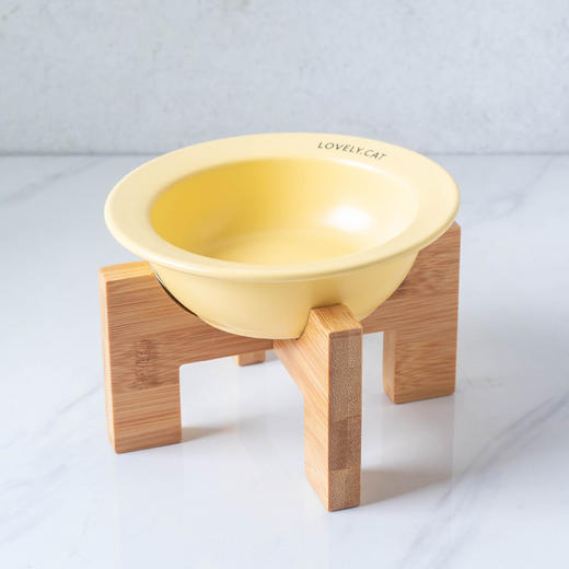 严选【黄色bd飞碟木架陶瓷猫碗】餐食碗宠物猫碗保护颈椎斜口猫饭碗宠物水碗狗狗碗1个 商品图0