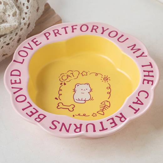 严选【陶瓷猫碗黄内粉边花边碗】防打翻耐用猫咪宠物碗不黑下巴一冲即净猫粮碗餐食水碗1个 商品图0