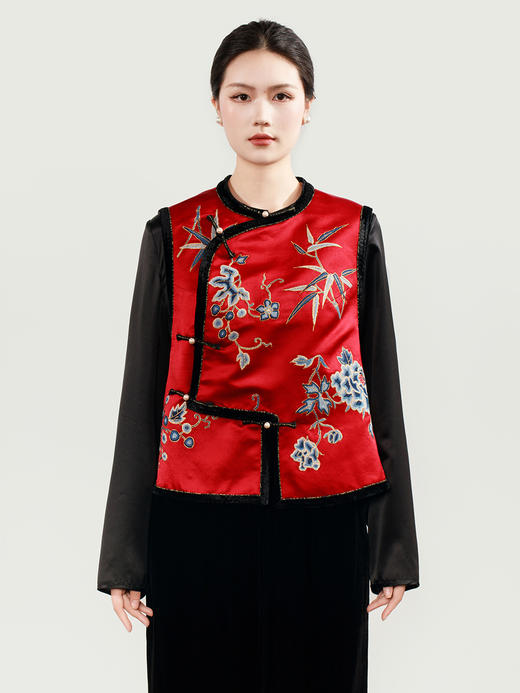 盛唐牡丹大师系列 | 真丝手绣打籽绣偏襟马甲 (盛唐牡丹与非遗传承人王小潇联名系列) 商品图0