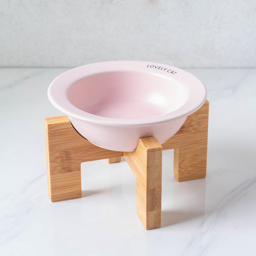 严选【粉色bd飞碟木架陶瓷猫碗】餐食碗宠物猫碗保护颈椎斜口猫饭碗宠物水碗狗狗碗1个 商品图1