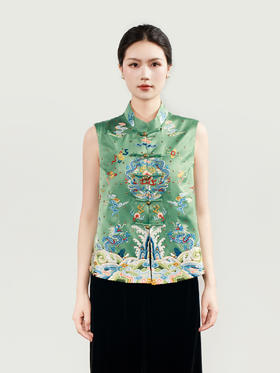 盛唐牡丹大师系列 | 宫廷绿真丝手绣铆钉戎装坎肩 (盛唐牡丹与非遗传承人王小潇联名系列)