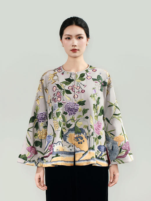 盛唐牡丹大师系列 | 真丝手绣牡丹灵芝纹吉服敞衣外套(盛唐牡丹与非遗传承人王小潇联名作品) 商品图0