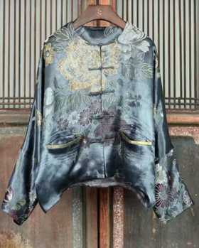 盛唐牡丹盛奢系列 | 民国真丝老面料对襟外套-铜绿