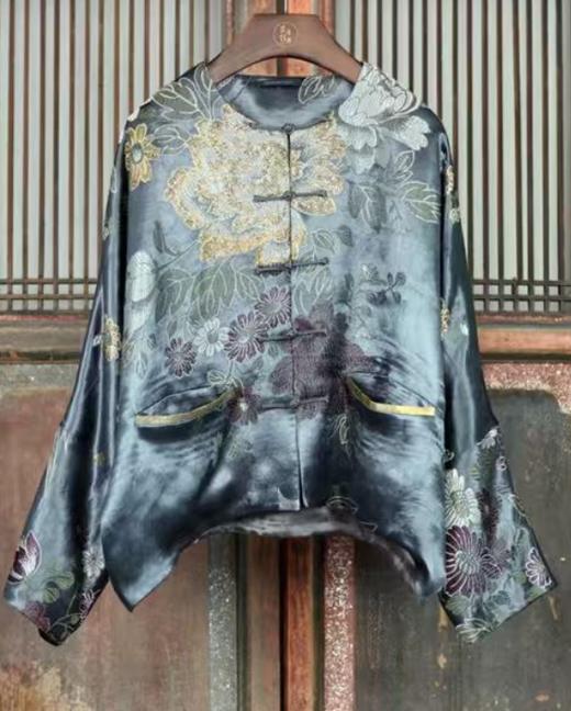 盛唐牡丹盛奢系列 | 民国真丝老面料对襟外套-铜绿 商品图0