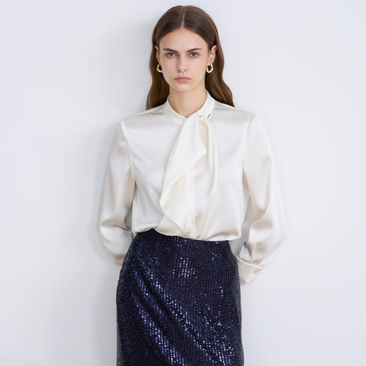 EITIE爱特爱珍珠柔光缎面飘带优雅直筒显瘦秋季新款衬衣C2509812 商品图2