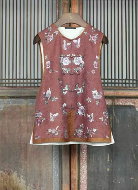 盛唐牡丹盛奢系列 | 蝴蝶花手绣真丝马甲-暗梅红