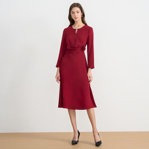 【精致红玫瑰】EITIE爱特爱气质收腰红色长袖连衣裙秋季新款C2507834 商品图1