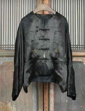盛唐牡丹盛奢系列 | 民国真丝老面料对襟外套-黑色