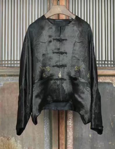 盛唐牡丹盛奢系列 | 民国真丝老面料对襟外套-黑色 商品图0