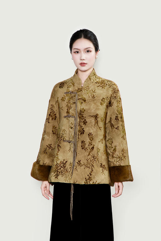 盛唐牡丹| 黄卡其提绒花水貂羽绒服 商品图0
