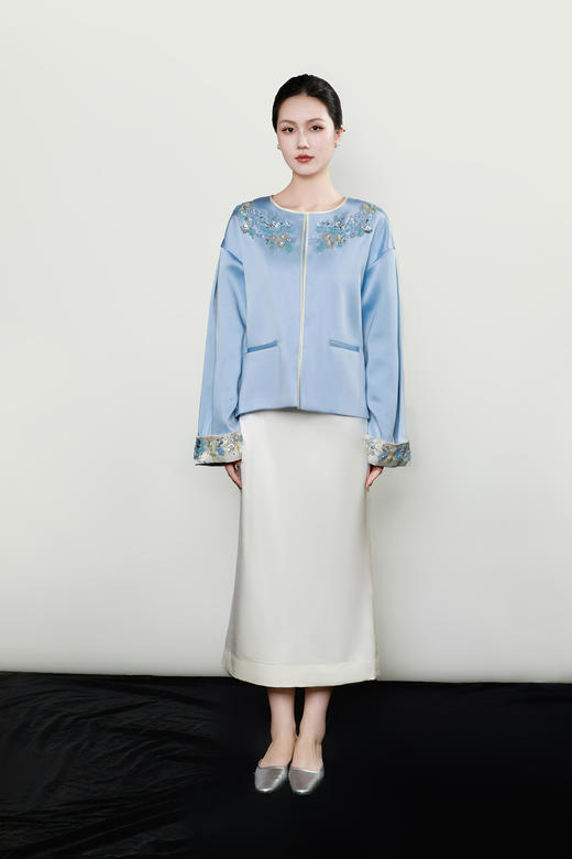 盛唐牡丹| 珍珠白丝毛直筒半裙 商品图0