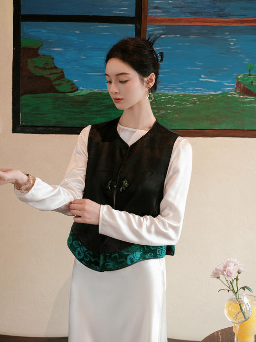 盛唐牡丹| 冠乐绉拼漳缎一粒扣马甲-绿色 商品图4