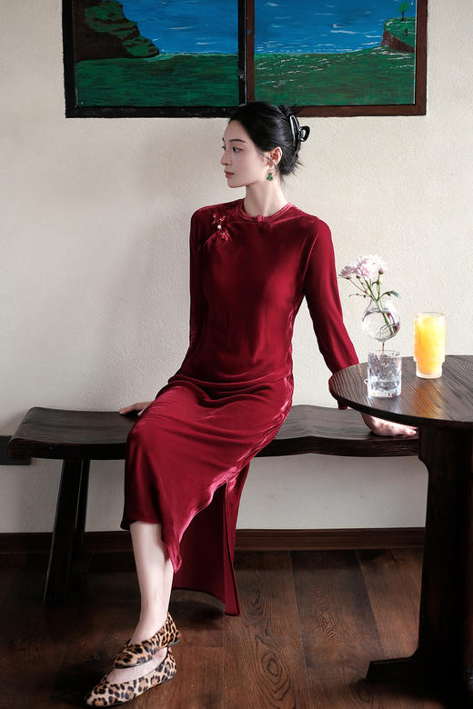 盛唐牡丹| 真丝丝绒花扣斜襟旗袍裙 商品图0