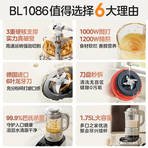 美的(Midea)(510621)破壁机家用1.75L无刷变频多肽浓浆多功能豆浆机果汁辅食机巴氏杀菌降噪轻音彩屏料理机BL1086双杯 商品图6
